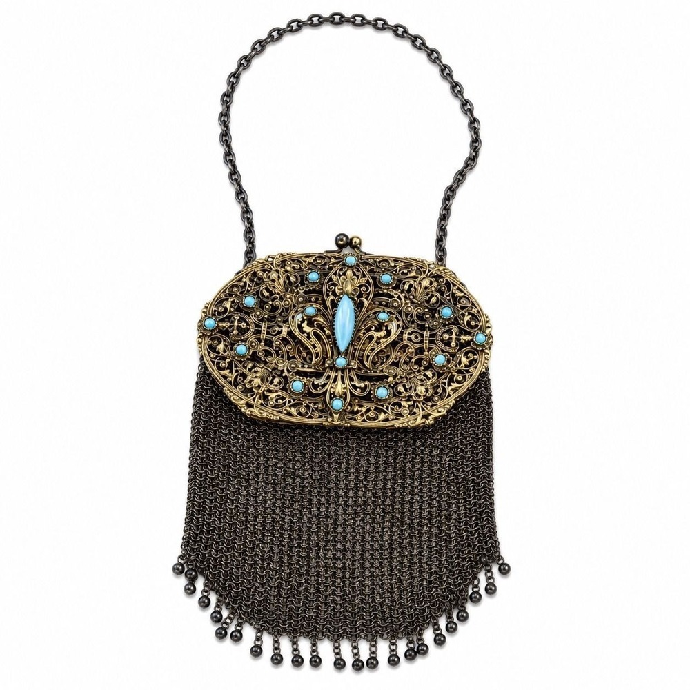 Antique Art Nouveau Mesh Purse Gilt Filigree Turquoise Cabochon Chatelaine Bag